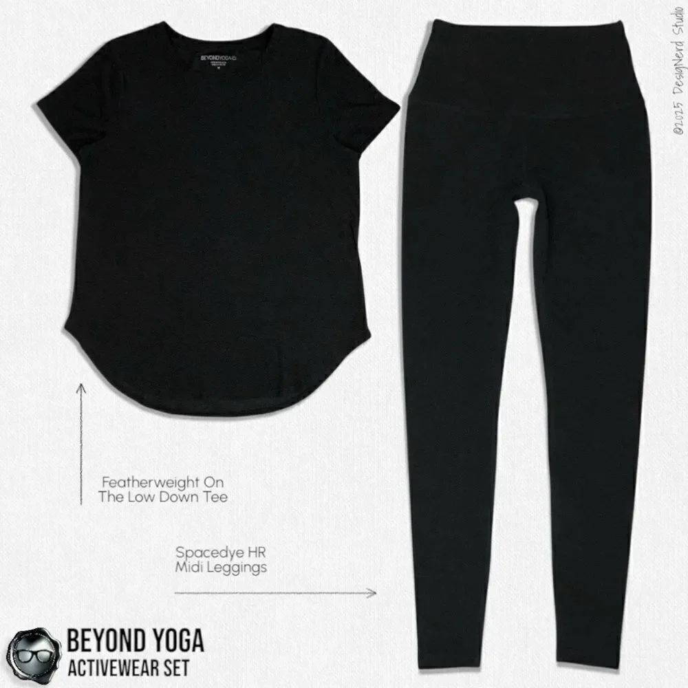 BEYOND YOGA SPACEDYE SET: ON THE DOWN LOW TEE + MIDI LEGGINGS IN DARKEST NIGHT M